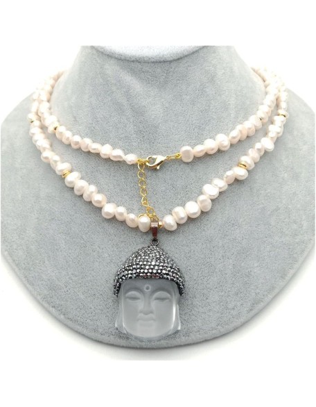 37inch Cultured White Baroque Freshwater Pearl Necklace Clear Crystal Buddha Pendant Religious Style Party Necklace pendant