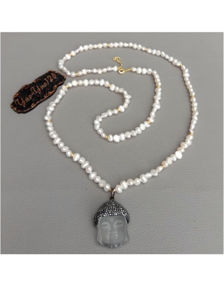 37inch Cultured White Baroque Freshwater Pearl Necklace Clear Crystal Buddha Pendant Religious Style Party Necklace pendant