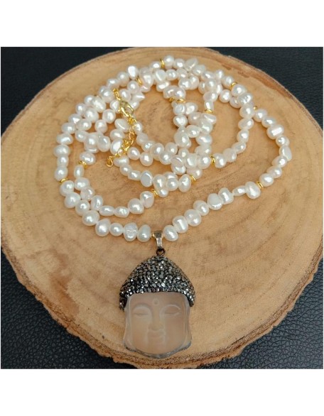 37inch Cultured White Baroque Freshwater Pearl Necklace Clear Crystal Buddha Pendant Religious Style Party Necklace pendant