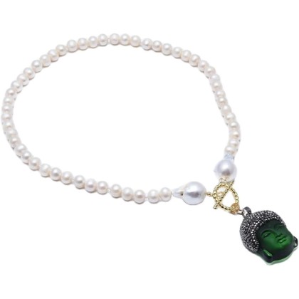 Jewelry Freshwater White Pearl Keshi Pearl Necklace Green Quartz Pave Buddha Pendant Necklace pendant