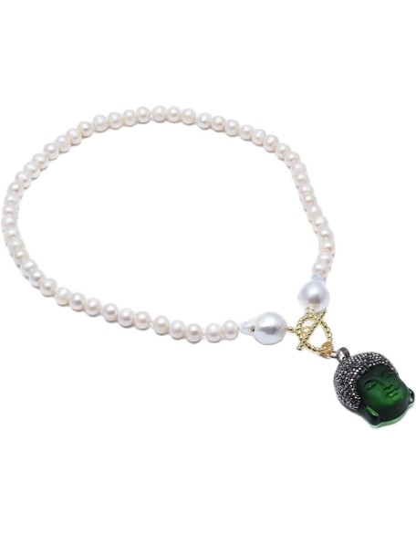 Jewelry Freshwater White Pearl Keshi Pearl Necklace Green Quartz Pave Buddha Pendant Necklace pendant