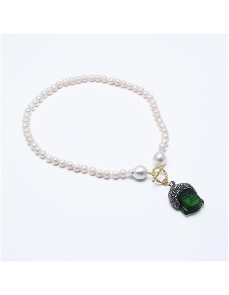 Jewelry Freshwater White Pearl Keshi Pearl Necklace Green Quartz Pave Buddha Pendant Necklace pendant