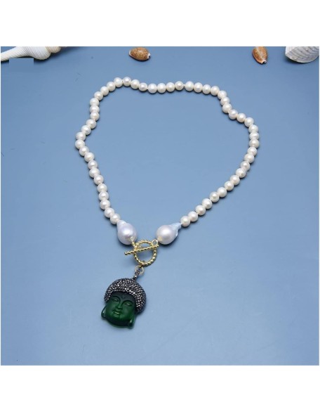 Jewelry Freshwater White Pearl Keshi Pearl Necklace Green Quartz Pave Buddha Pendant Necklace pendant