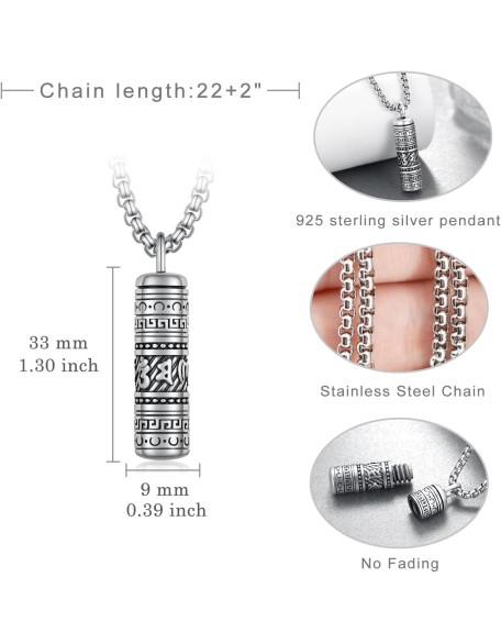 Tibetan Buddhism Meditation Urn Necklace for Ashes 925 Sterling Silver Buddha Ashes Necklace Buddhist Pendant Cremation Memory Jewelry for Men Women