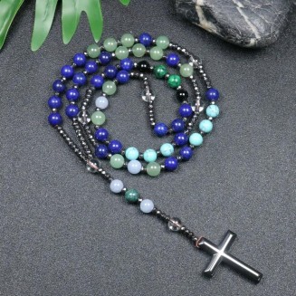 New 2024 Rosary Necklace For Men Women 8Mm Lazuli Lapis Stone Beads Cross Necklace Meditation Chakra Buddha Bracelet Necklace Jewelry Fashion Accessories Creative Gift