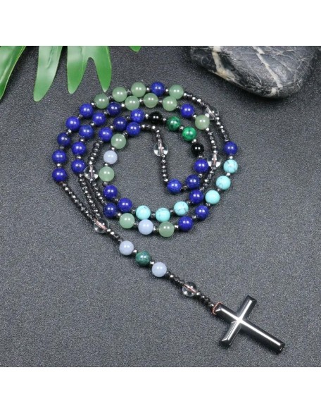 New 2024 Rosary Necklace For Men Women 8Mm Lazuli Lapis Stone Beads Cross Necklace Meditation Chakra Buddha Bracelet Necklace Jewelry Fashion Accessories Creative Gift