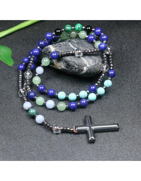 New 2024 Rosary Necklace For Men Women 8Mm Lazuli Lapis Stone Beads Cross Necklace Meditation Chakra Buddha Bracelet Necklace Jewelry Fashion Accessories Creative Gift