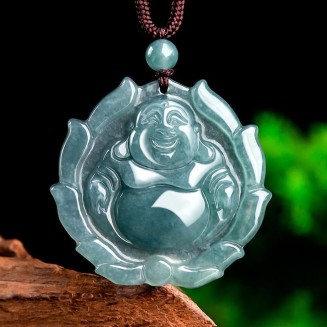 Natural A-Goods Jadeite Blue Water Big Belly Maitreya Buddha Pendant Necklace (Send Lanyard) for Women Yoga Genuine Jade