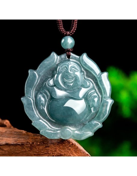 Natural A-Goods Jadeite Blue Water Big Belly Maitreya Buddha Pendant Necklace (Send Lanyard) for Women Yoga Genuine Jade