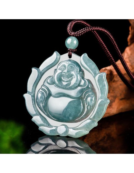 Natural A-Goods Jadeite Blue Water Big Belly Maitreya Buddha Pendant Necklace (Send Lanyard) for Women Yoga Genuine Jade