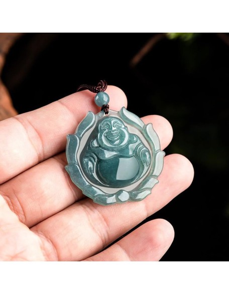 Natural A-Goods Jadeite Blue Water Big Belly Maitreya Buddha Pendant Necklace (Send Lanyard) for Women Yoga Genuine Jade