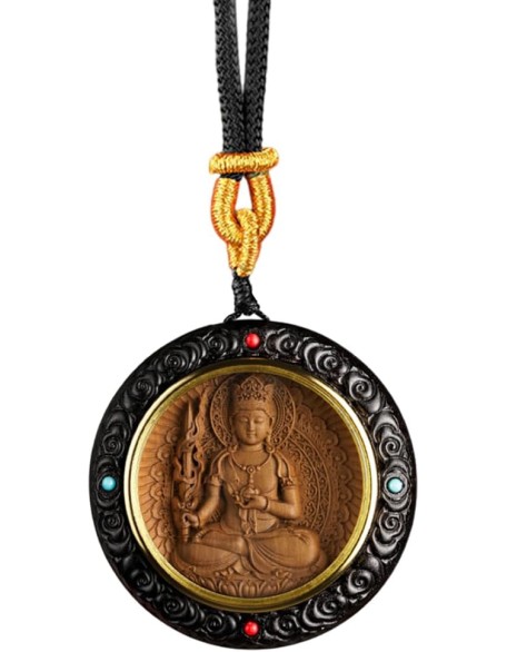 Handmade Wood Carving Buddha Amulet Pendant, Ebony Wood Tibetan Buddhist Necklace, Good Luck Wealth Lucky Necklace, Buddhism Meditation Decor for Relieve Stress