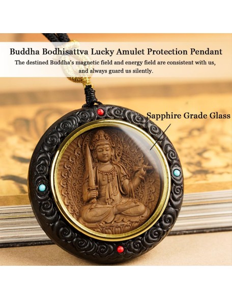 Handmade Wood Carving Buddha Amulet Pendant, Ebony Wood Tibetan Buddhist Necklace, Good Luck Wealth Lucky Necklace, Buddhism Meditation Decor for Relieve Stress