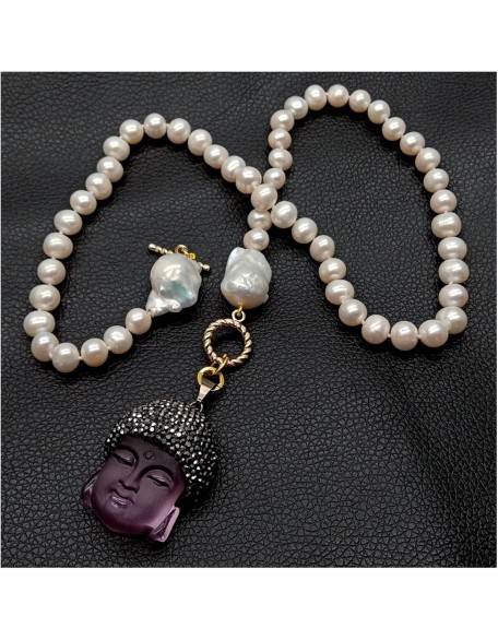 Women's Necklaces Freshwater White Pearl Keshi Pearl Necklace Quartz Pave Buddha Pendant Necklace Fashion accessories