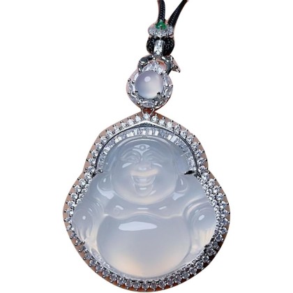 Natural White Chalcedony Maitreya Buddha Pendant Necklace with Lanyard for Women Yoga Genuine