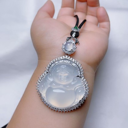 Natural White Chalcedony Maitreya Buddha Pendant Necklace with Lanyard for Women Yoga Genuine