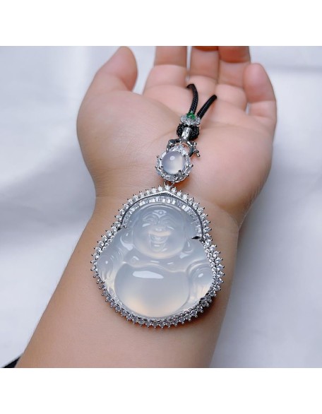 Natural White Chalcedony Maitreya Buddha Pendant Necklace with Lanyard for Women Yoga Genuine