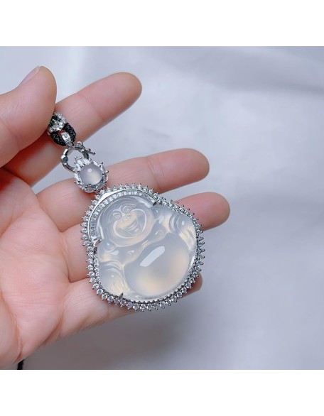 Natural White Chalcedony Maitreya Buddha Pendant Necklace with Lanyard for Women Yoga Genuine