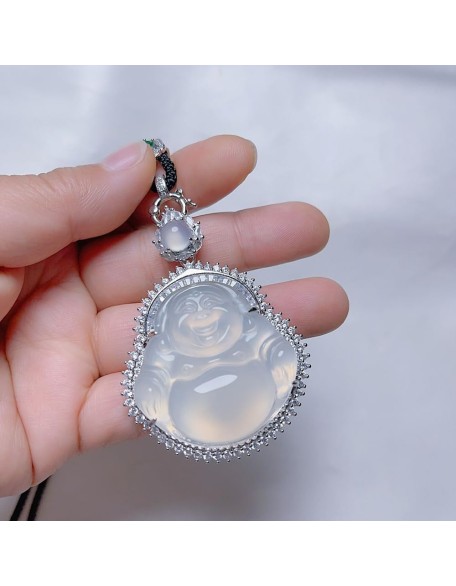 Natural White Chalcedony Maitreya Buddha Pendant Necklace with Lanyard for Women Yoga Genuine