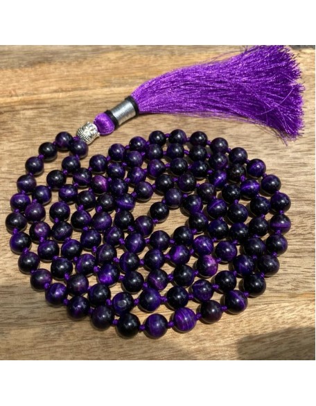  Purple Tiger Eye 108 Mala Necklace| Mala|108 Prayer Beaded Mala Necklace| Hand knotted Mala Bracelet | Japa Mala| 8mm Round Beads| Meditation Tassel