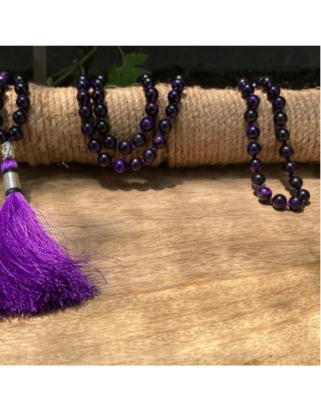  Purple Tiger Eye 108 Mala Necklace| Mala|108 Prayer Beaded Mala Necklace| Hand knotted Mala Bracelet | Japa Mala| 8mm Round Beads| Meditation Tassel