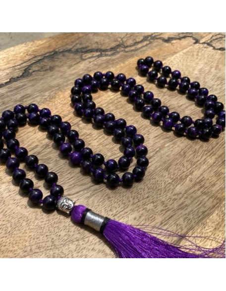  Purple Tiger Eye 108 Mala Necklace| Mala|108 Prayer Beaded Mala Necklace| Hand knotted Mala Bracelet | Japa Mala| 8mm Round Beads| Meditation Tassel