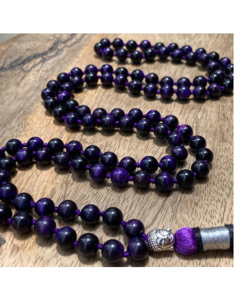  Purple Tiger Eye 108 Mala Necklace| Mala|108 Prayer Beaded Mala Necklace| Hand knotted Mala Bracelet | Japa Mala| 8mm Round Beads| Meditation Tassel