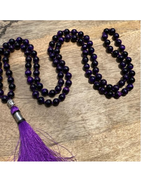  Purple Tiger Eye 108 Mala Necklace| Mala|108 Prayer Beaded Mala Necklace| Hand knotted Mala Bracelet | Japa Mala| 8mm Round Beads| Meditation Tassel