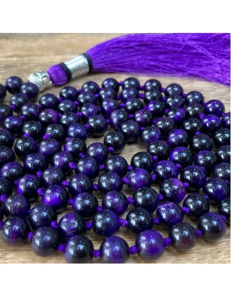  Purple Tiger Eye 108 Mala Necklace| Mala|108 Prayer Beaded Mala Necklace| Hand knotted Mala Bracelet | Japa Mala| 8mm Round Beads| Meditation Tassel