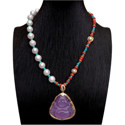 Women's Necklaces White Pearl Red Coral Blue Necklace Purple Jade Buddha Pendant