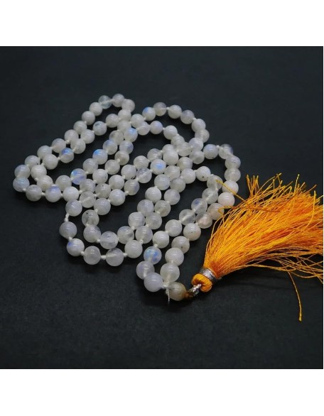  White Rainbow 108 Mala Necklace|108 Prayer Beaded Mala Necklace| Hand knotted Mala | Japa Mala| 6mm Round Beads| Meditation Tassel