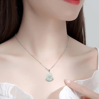 Jade Necklaces for Women Men, Jade PendantGreen Natural Real Laughing Buddha Necklace Good Luck 925 Silver Chain Amulet