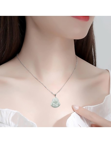 Jade Necklaces for Women Men, Jade PendantGreen Natural Real Laughing Buddha Necklace Good Luck 925 Silver Chain Amulet