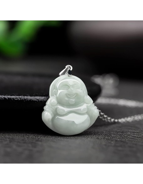 Jade Necklaces for Women Men, Jade PendantGreen Natural Real Laughing Buddha Necklace Good Luck 925 Silver Chain Amulet