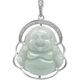 Jade Pendant for Women Men, Silver Inlaid Green Laughing Buddha Necklace Natural Burmese Jadeite Jewelry