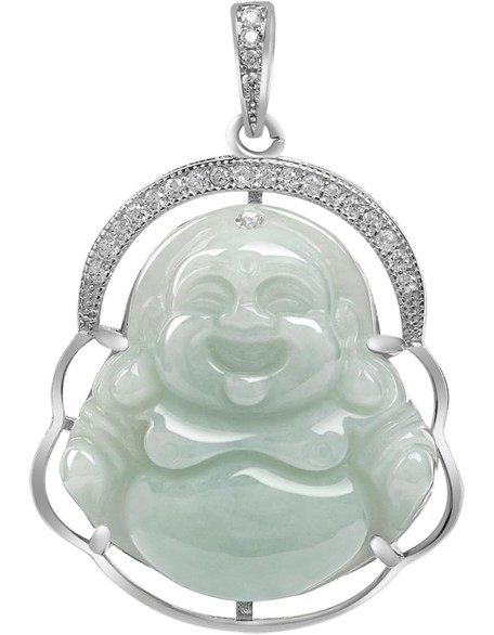 Jade Pendant for Women Men, Silver Inlaid Green Laughing Buddha Necklace Natural Burmese Jadeite Jewelry