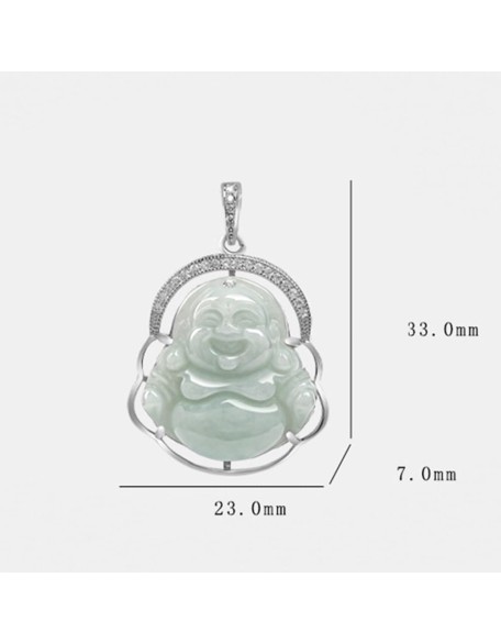 Jade Pendant for Women Men, Silver Inlaid Green Laughing Buddha Necklace Natural Burmese Jadeite Jewelry