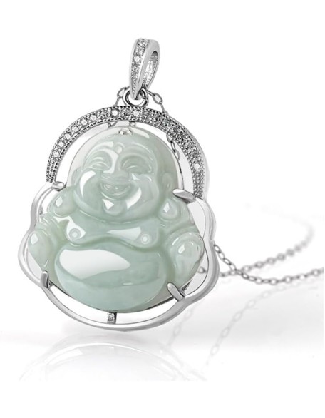 Jade Pendant for Women Men, Silver Inlaid Green Laughing Buddha Necklace Natural Burmese Jadeite Jewelry