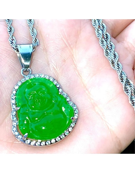 Jade Necklace for Men And Women Ice Laughing Buddha Green Jade Pendant Necklace Rope Chain Authentic Certified Grade A Jadeite