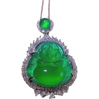 Jade Pendant for Men And Women, Silver Inlaid Jade Buddha Pendant, Maitreya Buddha Green Chalcedony Pendant