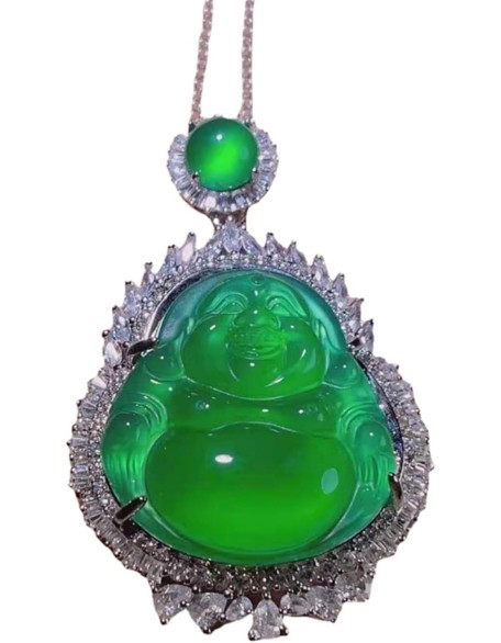 Jade Pendant for Men And Women, Silver Inlaid Jade Buddha Pendant, Maitreya Buddha Green Chalcedony Pendant