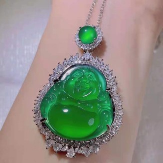 Jade Pendant for Men And Women, Silver Inlaid Jade Buddha Pendant, Maitreya Buddha Green Chalcedony Pendant