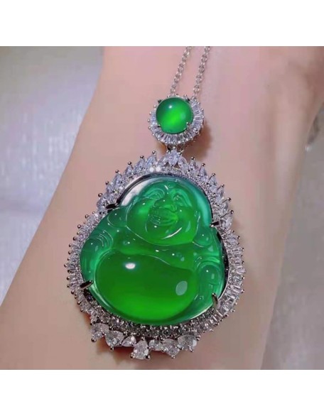 Jade Pendant for Men And Women, Silver Inlaid Jade Buddha Pendant, Maitreya Buddha Green Chalcedony Pendant