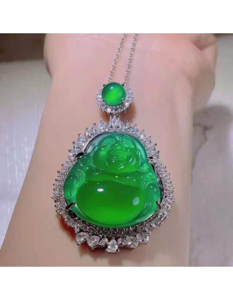 Jade Pendant for Men And Women, Silver Inlaid Jade Buddha Pendant, Maitreya Buddha Green Chalcedony Pendant