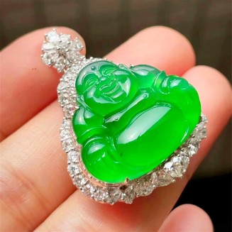 Jade Necklaces for Women Men, Jade Buddha Inlaid Pendant Ice Jade Buddha Pendant Full Green Maitreya Buddha Jade Pendant