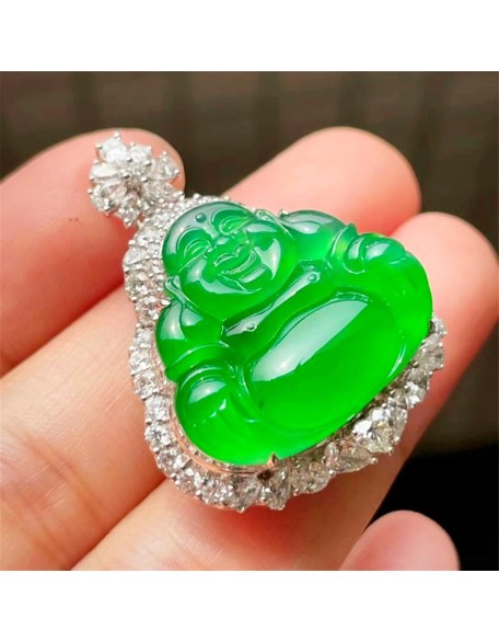 Jade Necklaces for Women Men, Jade Buddha Inlaid Pendant Ice Jade Buddha Pendant Full Green Maitreya Buddha Jade Pendant