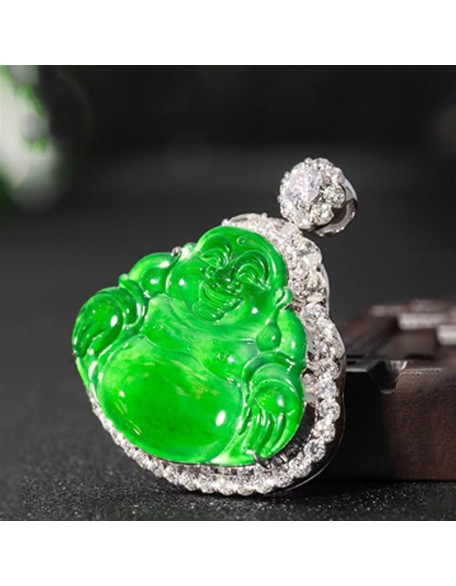 Jade Necklaces for Women Men, Jade Buddha Inlaid Pendant Ice Jade Buddha Pendant Full Green Maitreya Buddha Jade Pendant