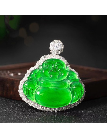 Jade Necklaces for Women Men, Jade Buddha Inlaid Pendant Ice Jade Buddha Pendant Full Green Maitreya Buddha Jade Pendant