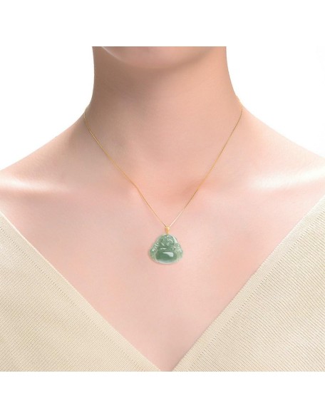 Jade Pendant for Women Men, 18K Gold Plated Green Laughing Buddha Necklace Natural Burmese Jadeite Jewelry