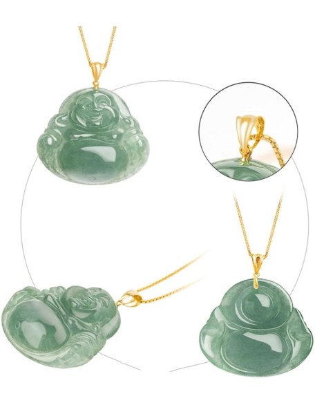 Jade Pendant for Women Men, 18K Gold Plated Green Laughing Buddha Necklace Natural Burmese Jadeite Jewelry